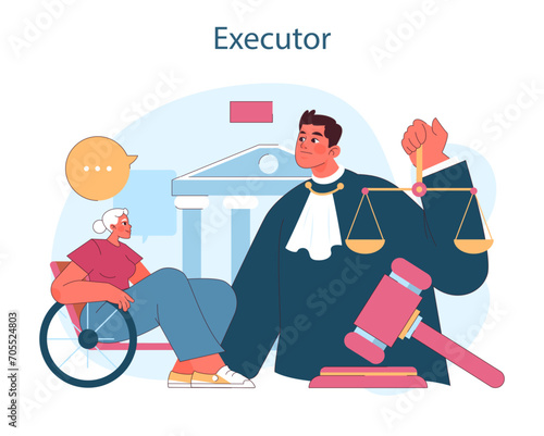 Executor. The illustration portrays the role of an executor in managing estate affairs, with a figure embodying justice and a senior woman observing. Flat vector illustration