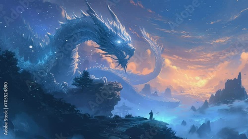 a hero who challenges the legendary blue dragon with beautiful views. seamless looping time-lapse virtual video Animation Background.	