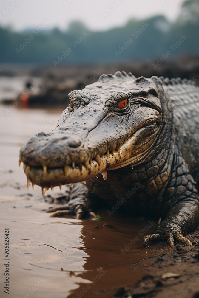 Obraz premium A Gharial crocodile with its long, narrow jaw, on a riverbank.