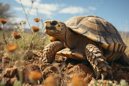 The delicate Ploughshare Tortoise in a natural grassland habitat. photo