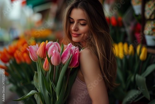 portrait of a beautiful woman with a bouquet of colorful tulips on a street background, spring mood, joyful, ultra-realistic photo, banner, background or postcard for Mother's Day, March 8