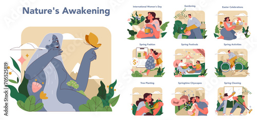 Nature's Awakening set. Celebrating the vibrant essence of spring with themes like International Women's Day, gardening, Easter, fashion, festivals, activities, cityscapes, and spring cleaning.