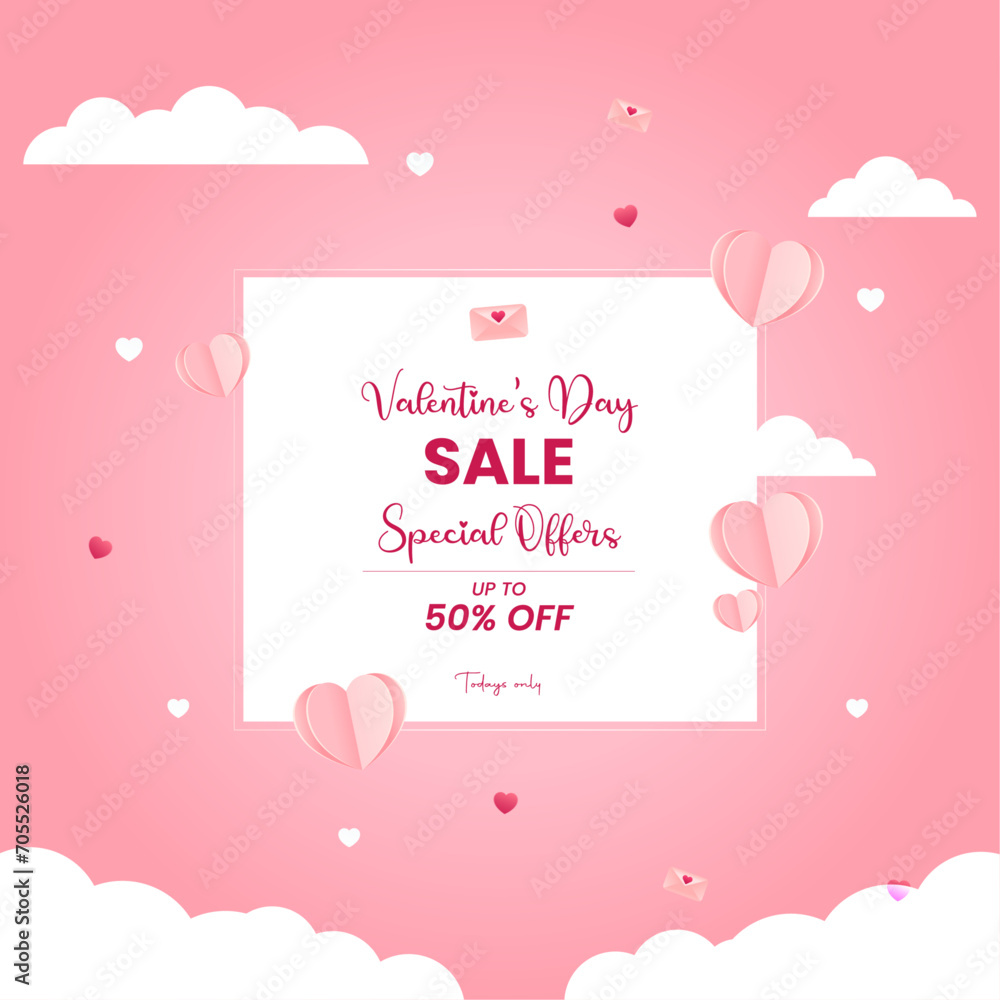 Happy valentine day sale banner with clouds and paper cut style heart shape ballons flying and text. vector illustration. Happy valentine day sale banner with clouds and paper cut style heart shape ballons flying and text. vector illustration.