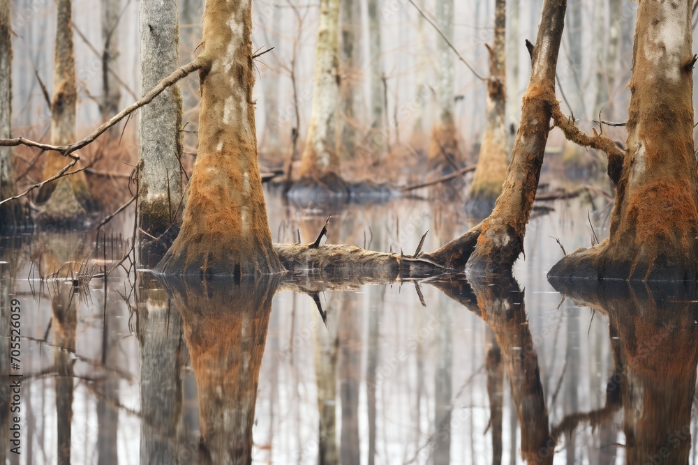 bleak forest trees reflected in a still swamp bleak forest trees reflected in a still swamp
