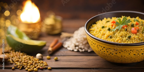 Galho: khichdi, a dish made from rice and also lentils on the wooden table  photo
