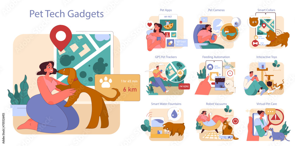 Pet Tech Pet Tech Gadgets set. Innovative technology for pet care and engagement ...