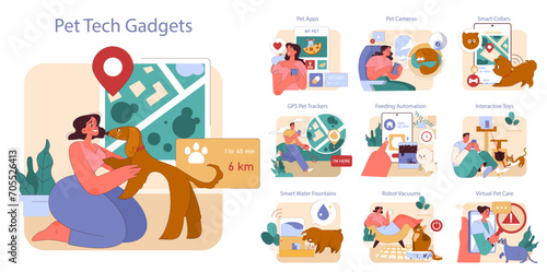 Pet Tech Gadgets set. Innovative technology for pet care and engagement. Features GPS trackers, interactive toys, smart collars. Modern pet ownership essentials.