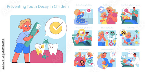 Preventing Tooth Decay in Children set. Educative illustrations depict healthy oral habits and dentist visits for kids' dental care. Emphasizing nutrition and check-ups.