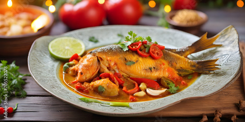 Machher Jhol: Fish with potol, tomato, chillies, ginger and garlic from Assam on the wooden table with bokeh lights background with copy space photo