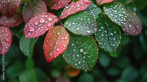 Close-up shot of dew-kissed  beautifully colored leaves in macro photography. 