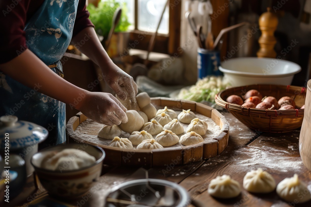 Preparing Chinese dumplings in a country kitchen