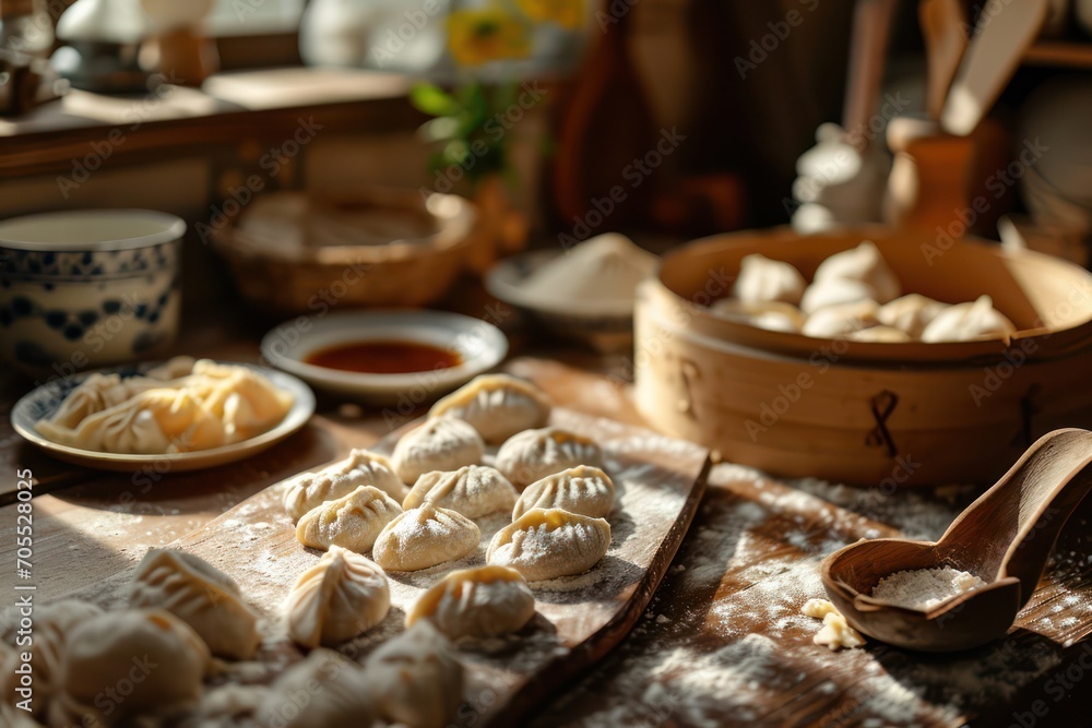 Fototapeta premium Preparing Chinese dumplings in a country kitchen