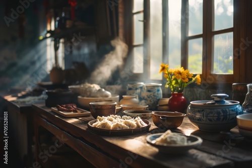 Preparing Chinese dumplings in a country kitchen