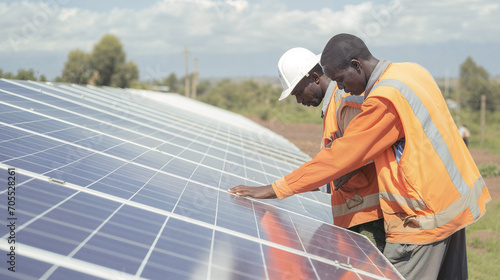Two workers inspecting a damaged solar panels. Powering Progress. Solar Energy Across the Modern World, Transformative Sustainable Solutions. Technology and Exemplary Sustainable Practices.
