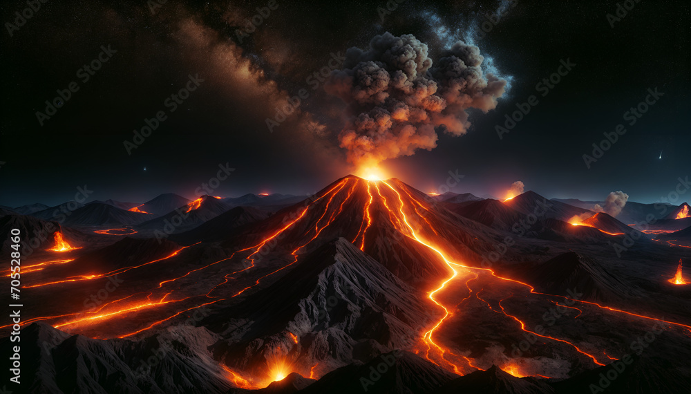 Fiery Night Eruption of a Volcano