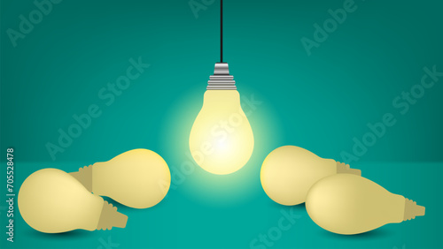 One of light bulb glowing among shutdown light bulb in dark area with copy space for creative thinking, problem solving solution and outstanding concept