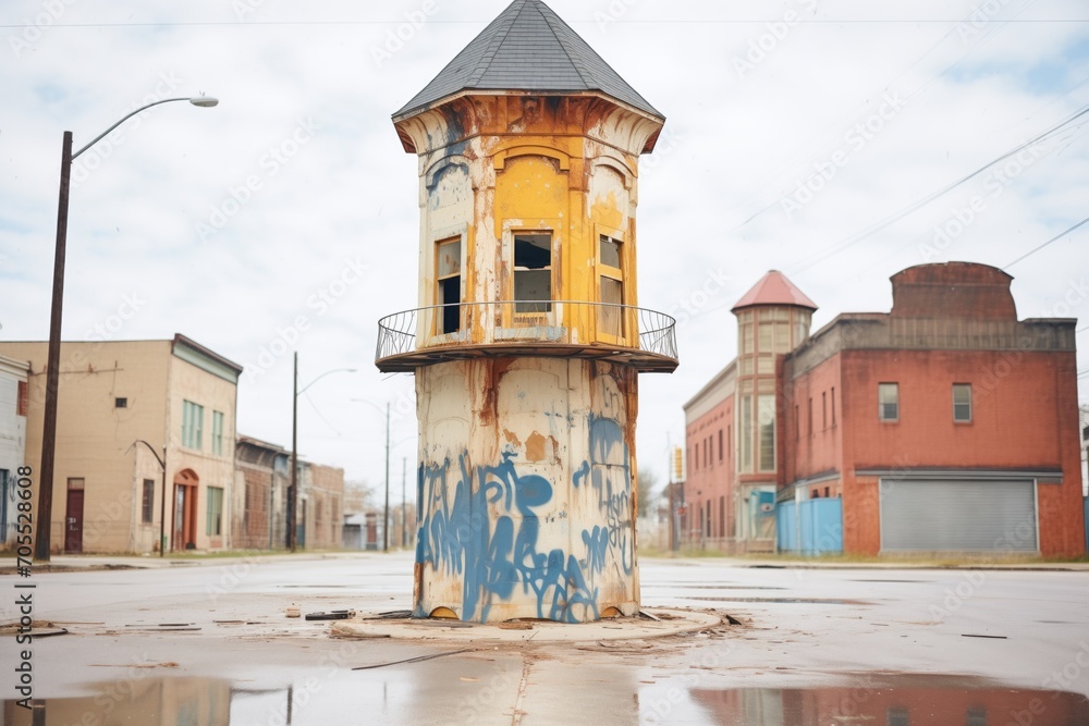 old water tower with peeling paint overlooking empty streets