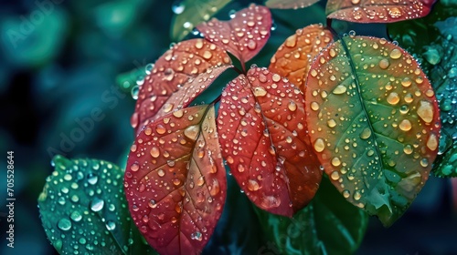 Macro photography capturing beautifully colored leaves kissed by dewdrops.

