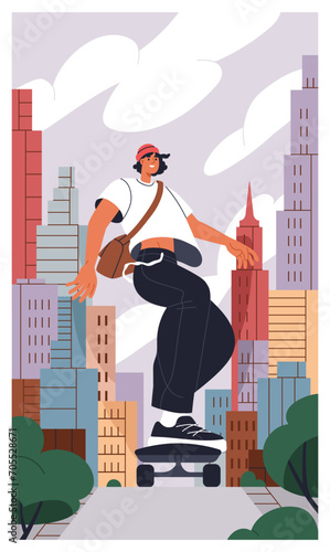 Young skater on skateboard in city downtown, riding among skyscrapers. Happy giant big character, skateboarder on skate board in modern metropolitain with tower buildings. Flat vector illustration