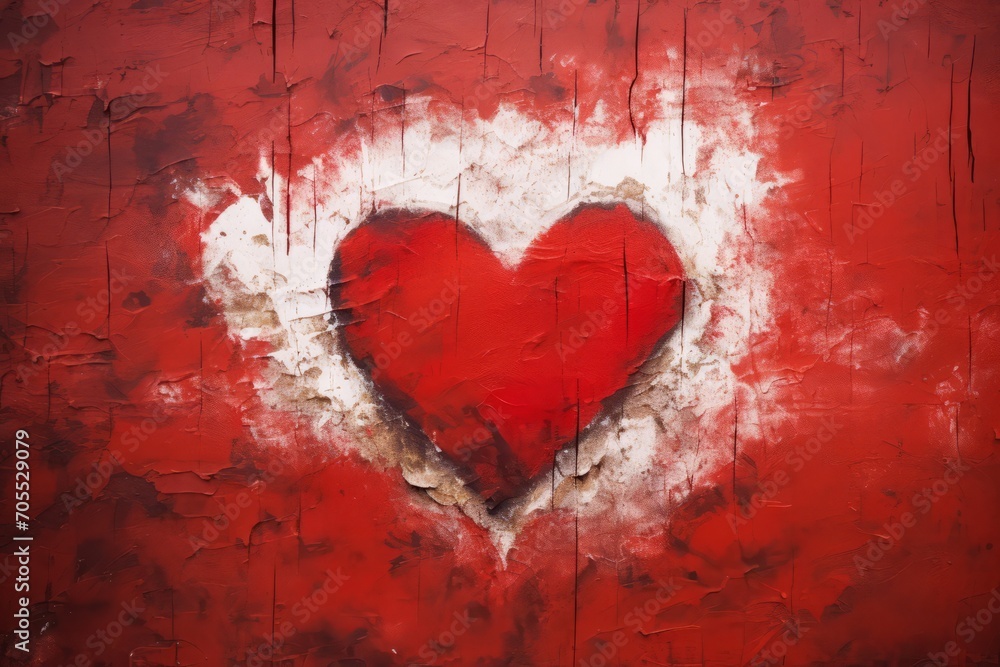 A red heart graffiti painted on a red old red wall on the street. Valentines Day postcards concept A red heart graffiti painted on a red old red wall on the street. Valentines Day postcards concept