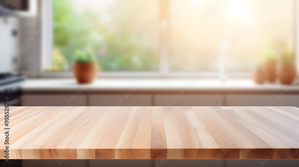 Empty beautiful wood table top counter and blur bokeh modern kitchen interior background in clean and bright,Banner, Ready for product montage. Generative AI illustration Empty beautiful wood table top counter and blur bokeh modern kitchen interior background in clean and bright,Banner, Ready for product montage. Generative AI illustration