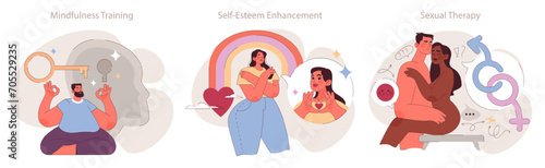 Psychotherapy techniques set. Exploring mindfulness, self-love, and intimacy issues. Supportive paths to mental well-being.