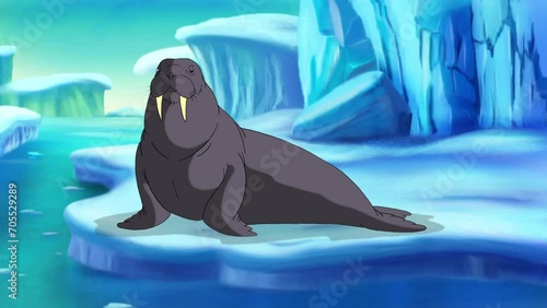 Black walrus sits on an ice floe 4K animation
