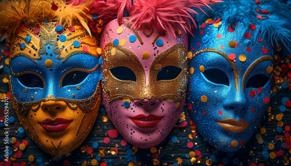 Obraz premium Three Elegant Carnival masks different colors with glitters and serpantines on table. Festival, theatre concept. Festive banner