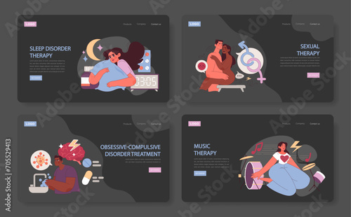 Digital banners promoting psychotherapy services. Highlights sleep disorder, sexual, obsessive-compulsive, and music therapy methods.