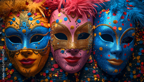 Three Elegant Carnival masks different colors with glitters and serpantines on table. Festival, theatre concept. Festive banner