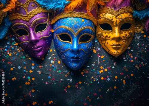 Three Elegant Carnival masks different colors with glitters and serpantines on table. Festival, theatre concept. Festive banner