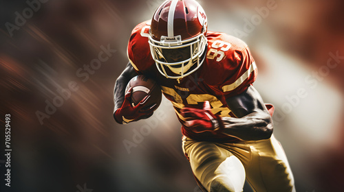 American football player running in speed holding ball in hand, high speed motion blur background