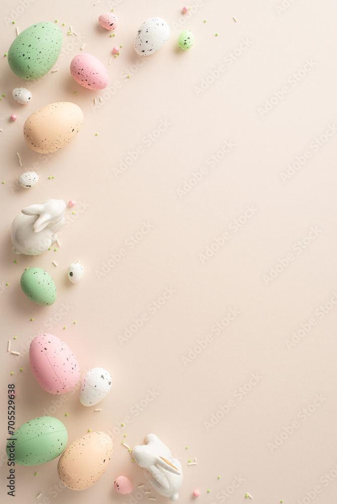 Bunny Bliss Arrangement: Vertical top view of vibrant Easter eggs, charming ceramic bunnies, and sugar sprinkles on a soft pastel surface—ideal for adding your text or promotional content