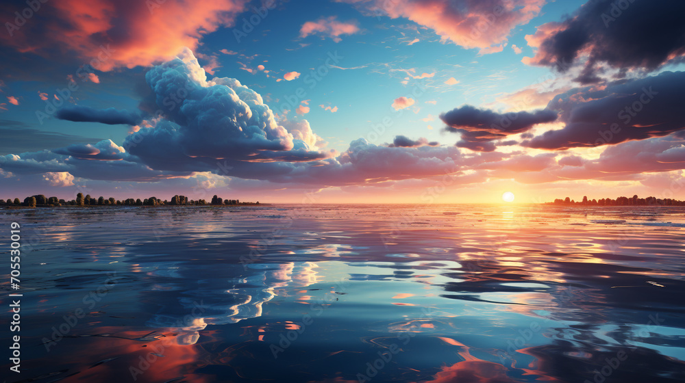 Colored clouds and sea, reflection of light from clouds onto the sea, colored clouds