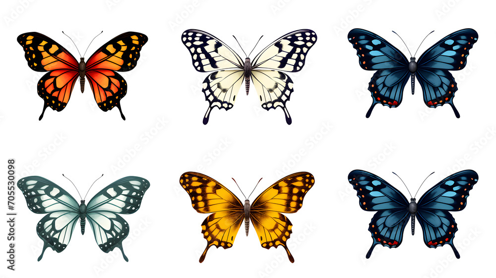 Six butterflies set on isolated white background Six butterflies set on isolated white background