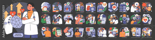 Healthcare Technology set. Advancements in medical digitalization and patient care. Breakthroughs in AI, robotics, telemedicine. Flat vector illustration.
