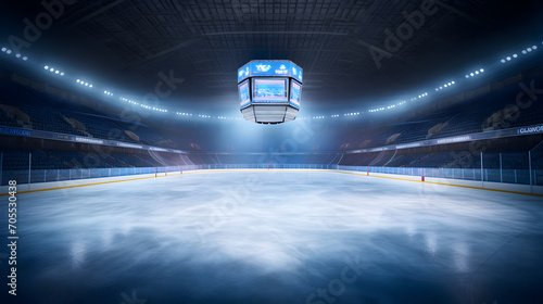 Ice Hockey stadium, empty sports arena and ice rink, cold background with bright lighting