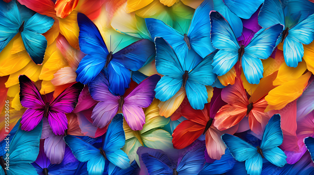 Pattern of multicolored butterflies morpho, texture background, rainbow colors