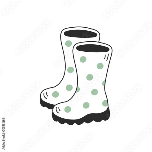 Wellies doodle illustration. Hand drawn pair of spotted gumboots. Cute cartoon rubber shoes with polka dot. Sketch for spring, gardening, autumn design. Vector illustration on white background