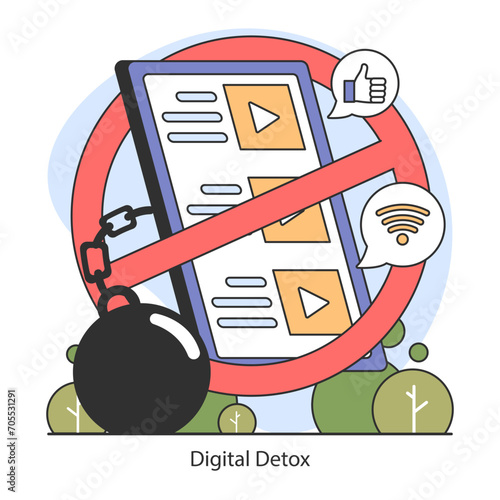 Dopamine fasting concept. Visualizing a digital detox with chained gadgets, promoting a tech-free environment for mental clarity. Flat vector illustration.