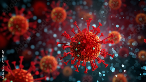 a magnified view of the SARS-CoV-2 BA.2.86 variant. The virus is depicted as a spherical structure with red spikes protruding from its surface