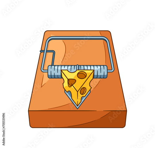 Classic Mouse Trap Features A Wooden Base, Spring-loaded Mechanism, And Tempting Cheese Bait Cartoon Vector Illustration