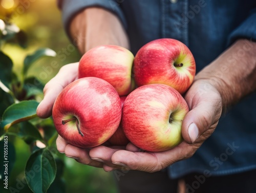 Close up of farmer male hands picking fresh apples. the front view. Organic food, harvesting and farming concept