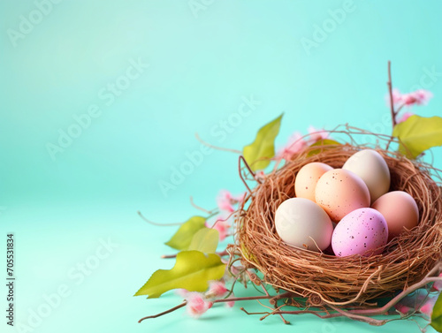 Group of colorful painted Easter eggs in a nest on isolated background - ai generative