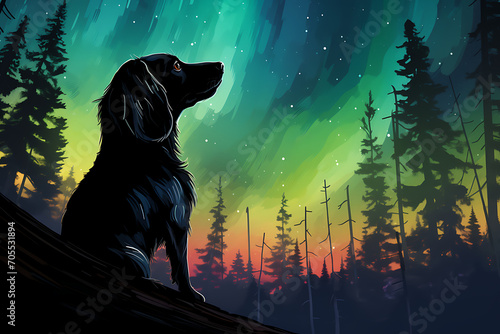 Aurora Watcher: A Majestic Dog Under the Northern Lights photo