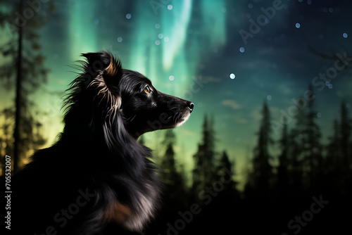 Dog under arora borealis, northern lights photo