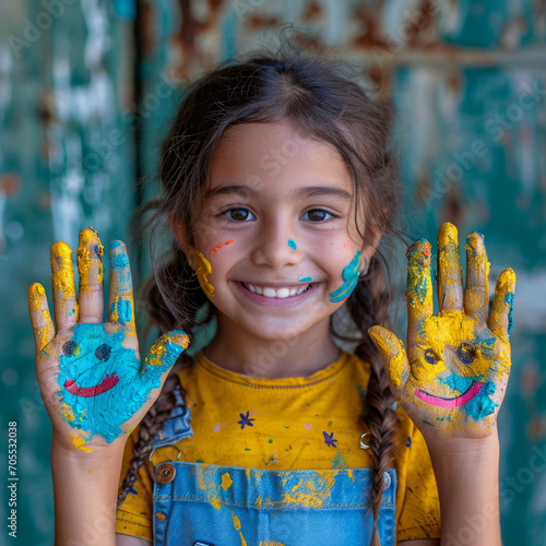 Happy young girl kid and opened hands with paint on them , colorful painted form forming a smiling face