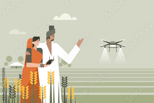 An Indian farmer along with his wife using a drone in the agricultural field