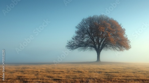 Inspirational photo background of a single tree on a calm cold and misty lake with reflections in the water creating a dreamy, ethereal atmosphere. Generative AI