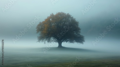 Inspirational photo background of  a single tree on a calm cold and misty lake with reflections in the water creating a dreamy, ethereal atmosphere. Generative AI